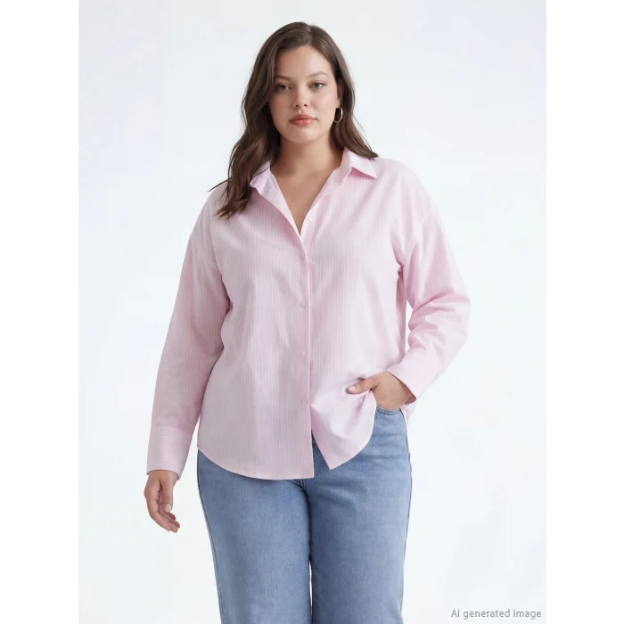 LCW Vision Pembe Çizgili Oversize Oxford Kadın Gömlek