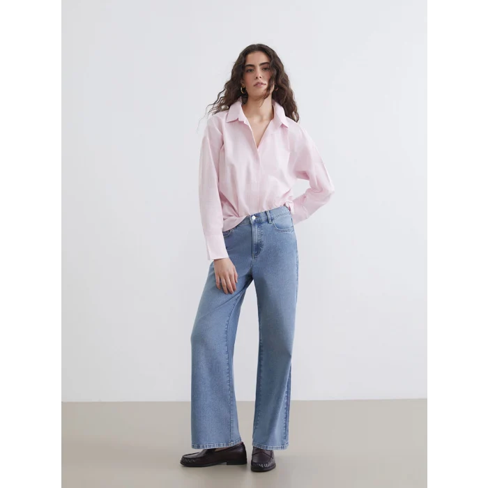 LCW Vision Pembe Çizgili Oversize Oxford Kadın Gömlek