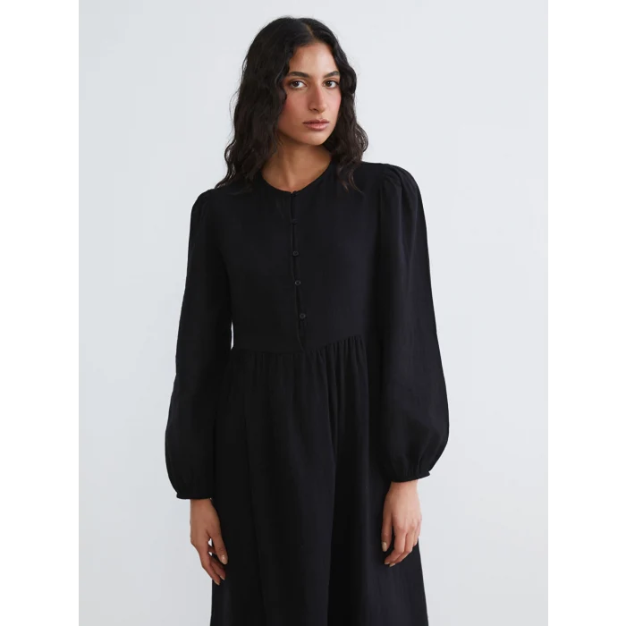 LCW Modest Siyah Bisiklet Yaka Balon Kollu Müslin Elbise