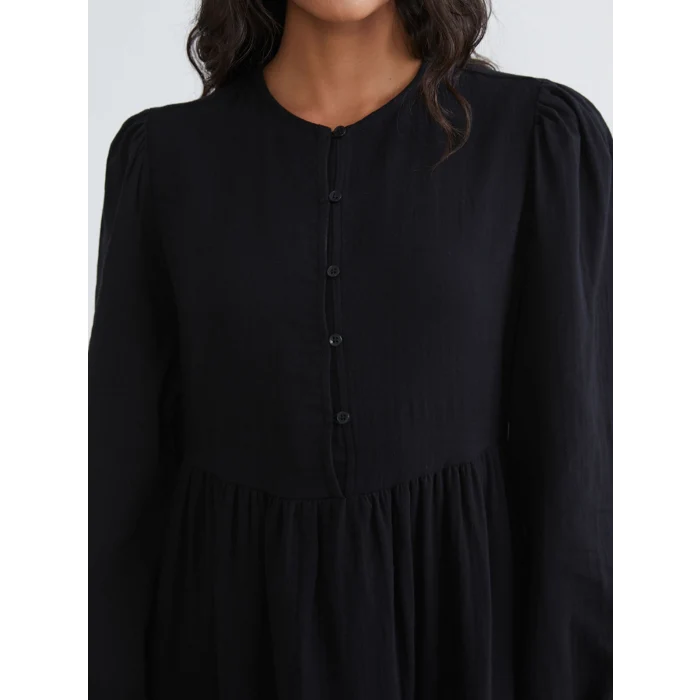 LCW Modest Siyah Bisiklet Yaka Balon Kollu Müslin Elbise