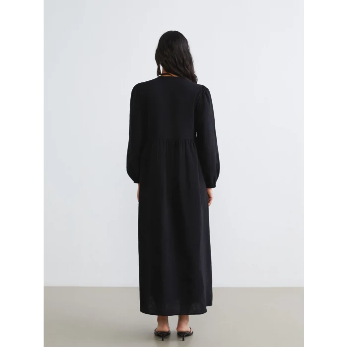 LCW Modest Siyah Bisiklet Yaka Balon Kollu Müslin Elbise