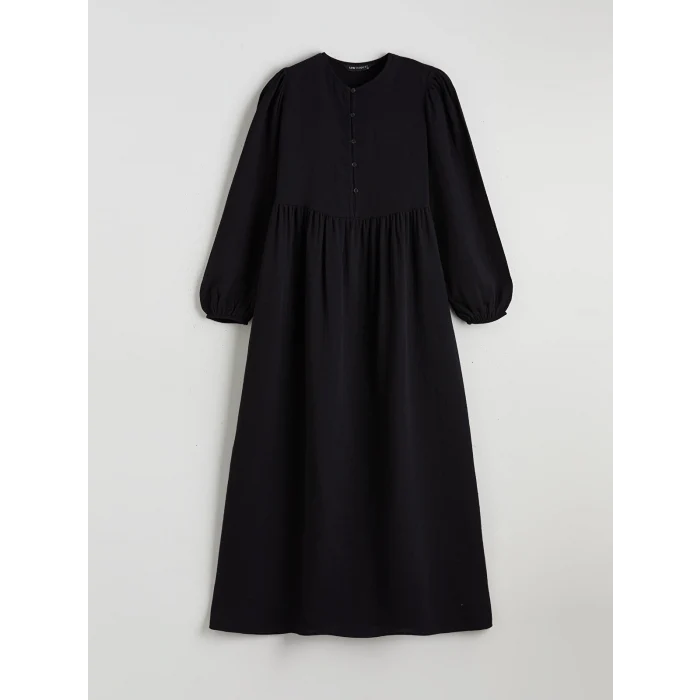 LCW Modest Siyah Bisiklet Yaka Balon Kollu Müslin Elbise