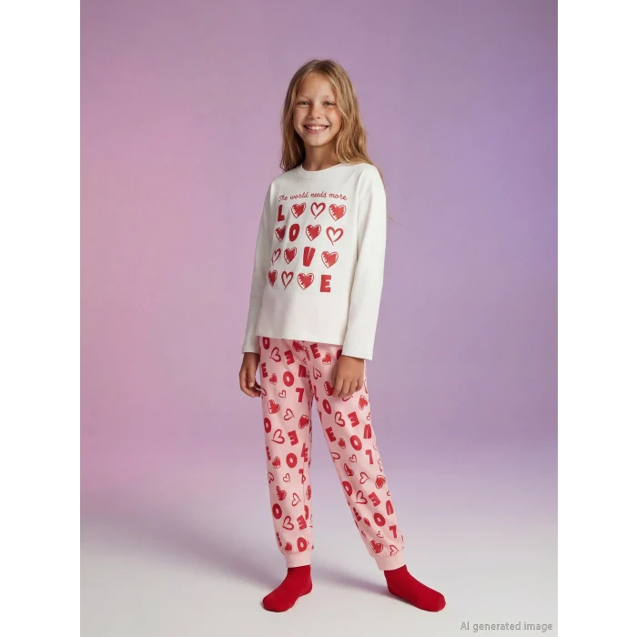 LCW Kids Ekru Bisiklet Yaka Kız Çocuk Pijama Takımı