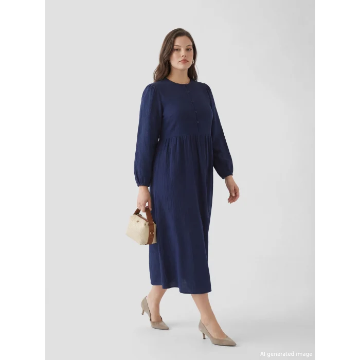 LCW Modest İndigo Bisiklet Yaka Balon Kollu Müslin Elbise