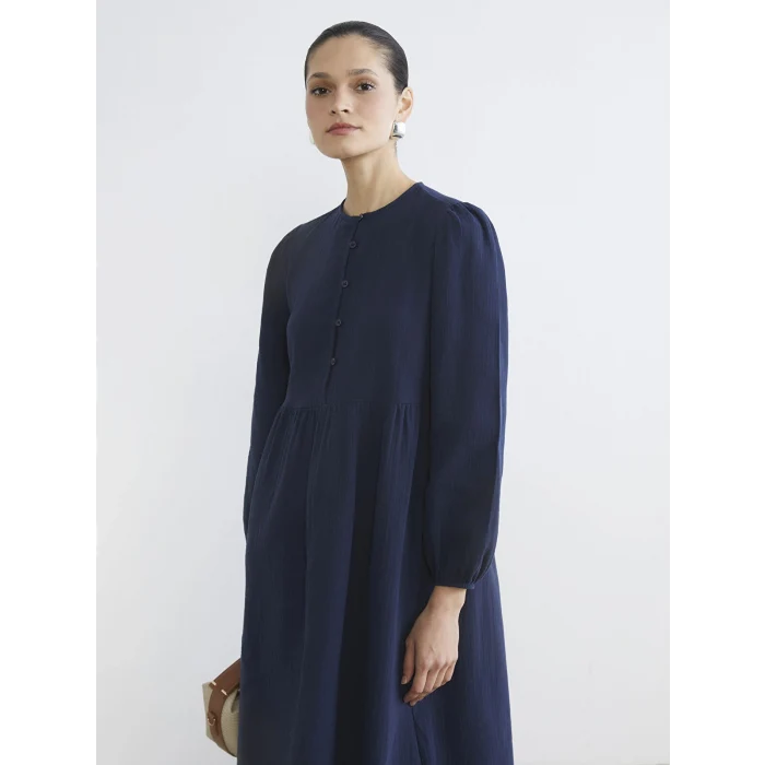 LCW Modest İndigo Bisiklet Yaka Balon Kollu Müslin Elbise