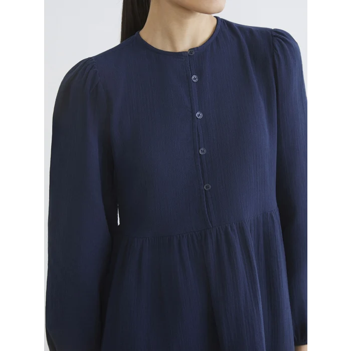 LCW Modest İndigo Bisiklet Yaka Balon Kollu Müslin Elbise