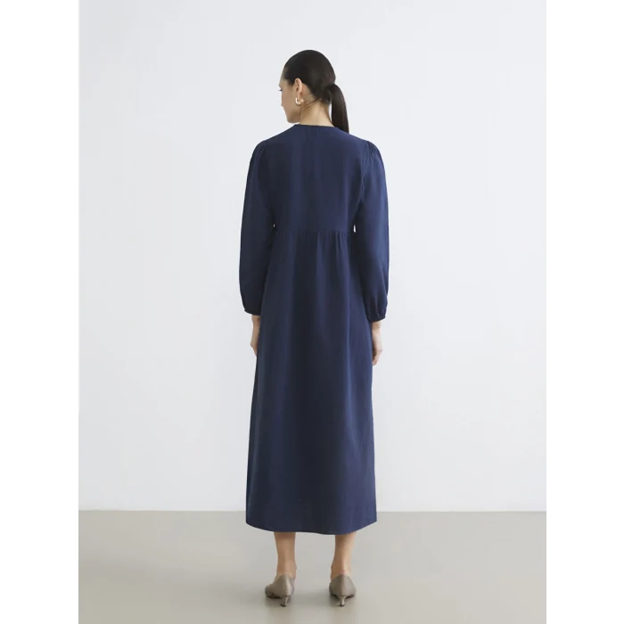 LCW Modest İndigo Bisiklet Yaka Balon Kollu Müslin Elbise