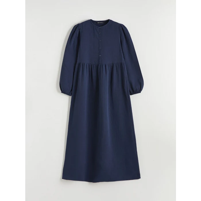 LCW Modest İndigo Bisiklet Yaka Balon Kollu Müslin Elbise