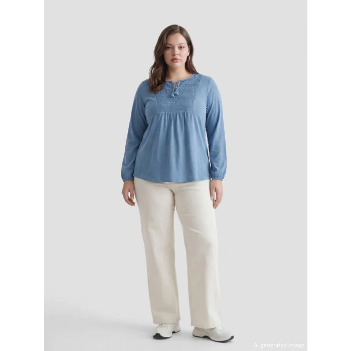 LCW Grace Mavi Bağlamalı Yaka Nakışlı Bluz