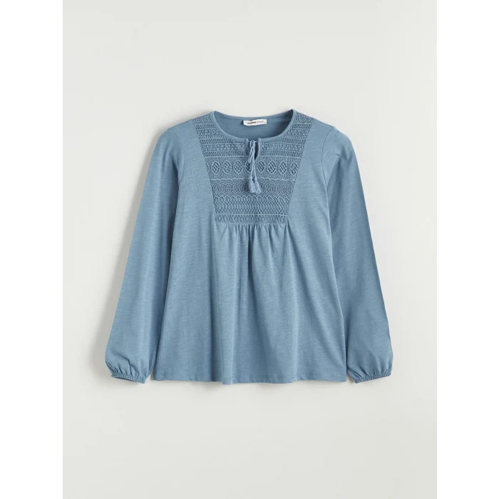 LCW Grace Mavi Bağlamalı Yaka Nakışlı Bluz