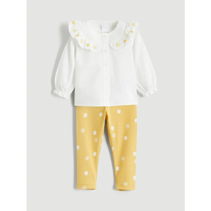 LCW baby Ekru Çiçekli Kız Bebek Gömlek ve Tayt