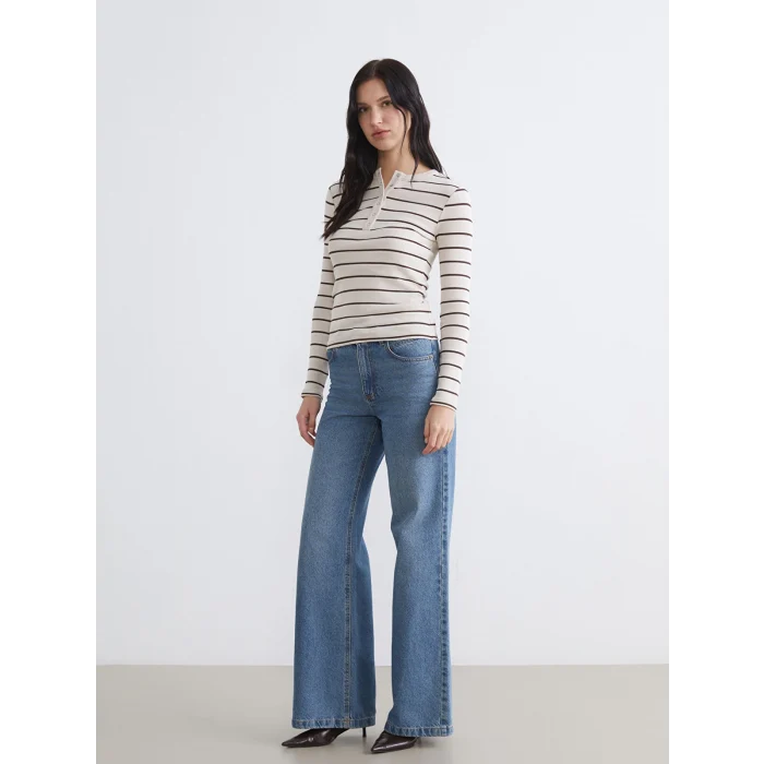 LCWAIKIKI Classic Bej Bisiklet Yaka Çizgili Kadın Body