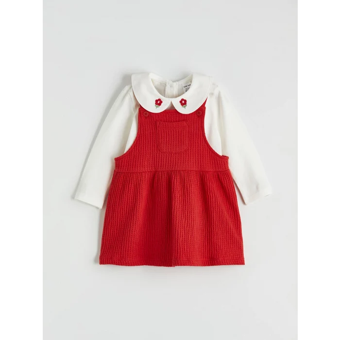 LCW baby Kırmızı Bebe Yaka Nakışlı Kız Bebek Bluz ve Salopet Elbise