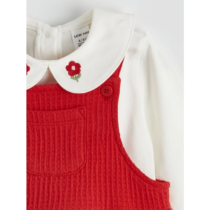 LCW baby Kırmızı Bebe Yaka Nakışlı Kız Bebek Bluz ve Salopet Elbise