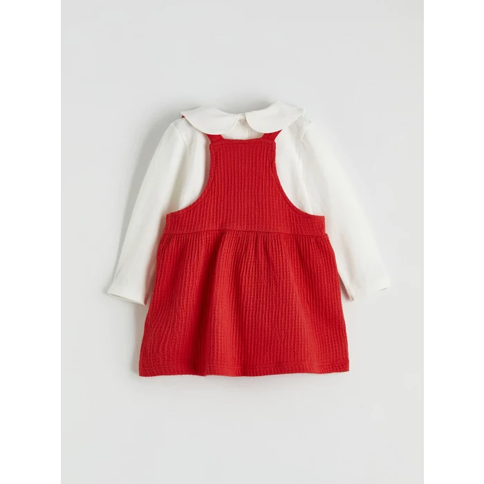 LCW baby Kırmızı Bebe Yaka Nakışlı Kız Bebek Bluz ve Salopet Elbise