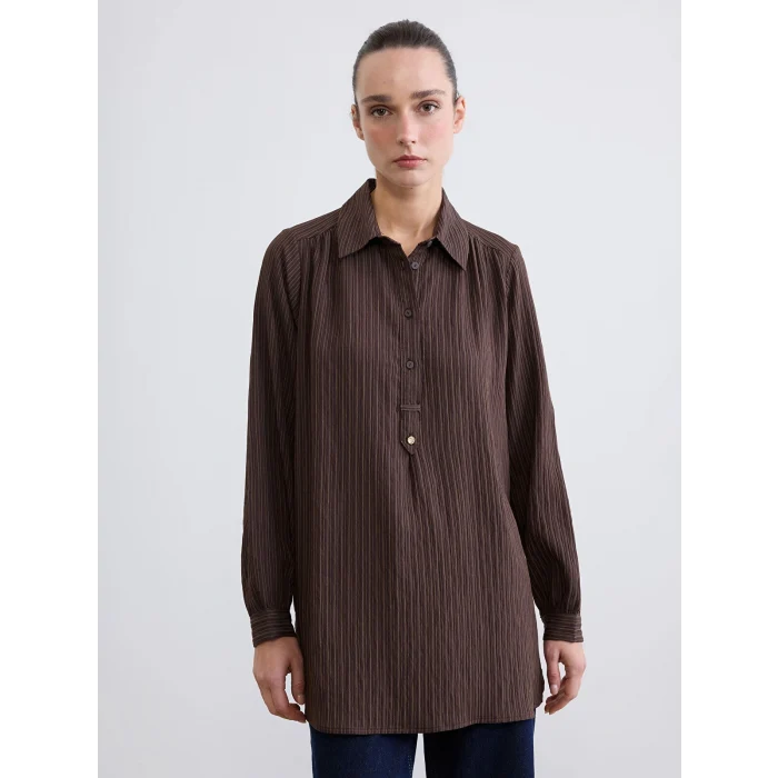 LCWAIKIKI Classic Kahverengi Gömlek Yaka Çizgili Oversize Armürlü Kadın Tunik