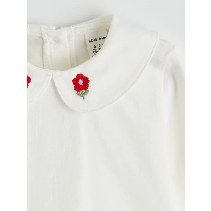 LCW baby Kırmızı Bebe Yaka Nakışlı Kız Bebek Bluz ve Salopet Elbise