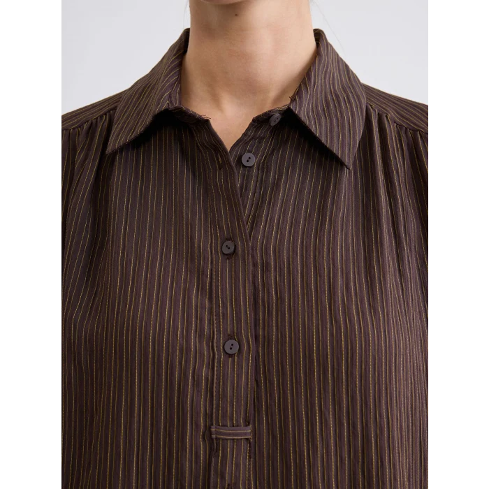 LCWAIKIKI Classic Kahverengi Gömlek Yaka Çizgili Oversize Armürlü Kadın Tunik