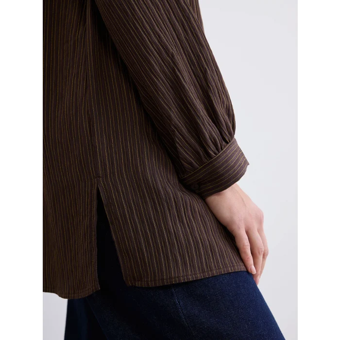 LCWAIKIKI Classic Kahverengi Gömlek Yaka Çizgili Oversize Armürlü Kadın Tunik