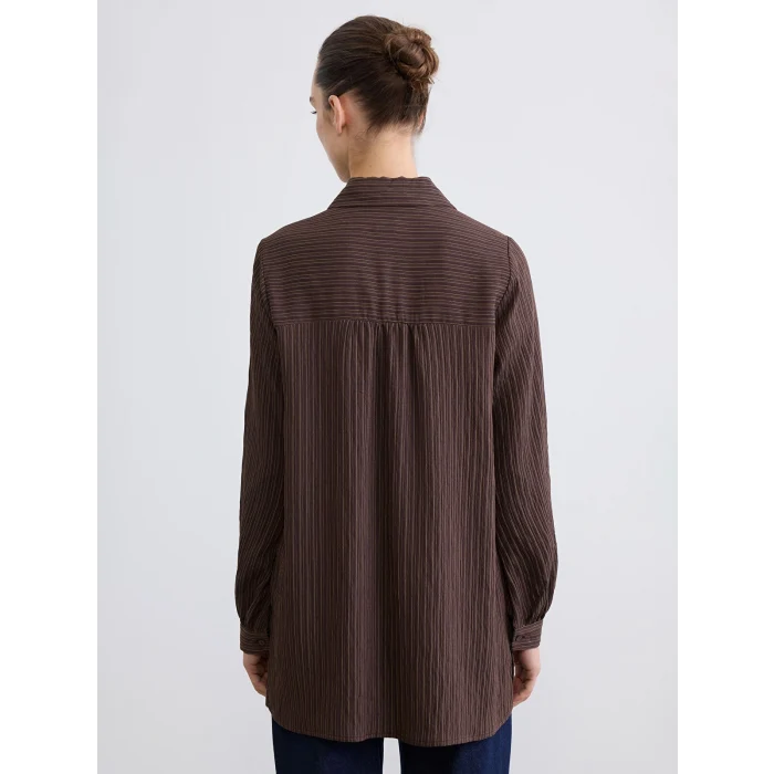 LCWAIKIKI Classic Kahverengi Gömlek Yaka Çizgili Oversize Armürlü Kadın Tunik