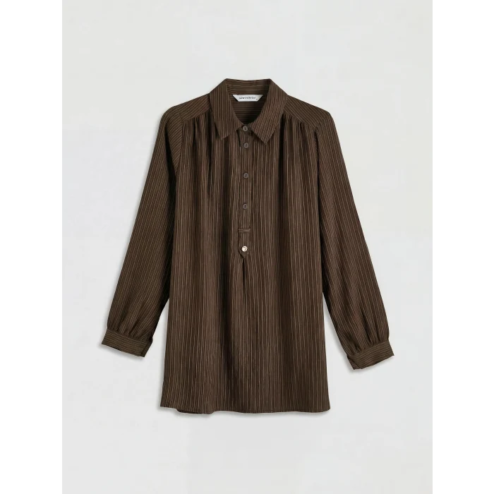 LCWAIKIKI Classic Kahverengi Gömlek Yaka Çizgili Oversize Armürlü Kadın Tunik