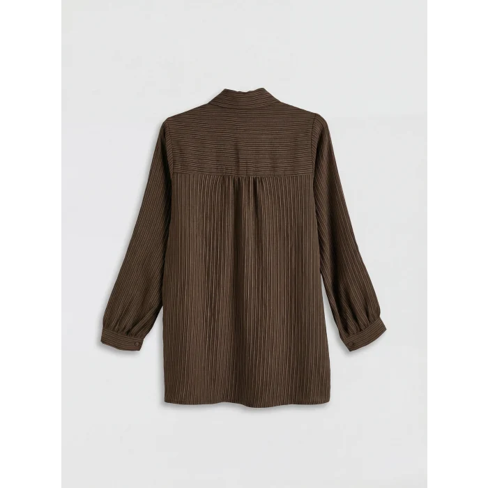 LCWAIKIKI Classic Kahverengi Gömlek Yaka Çizgili Oversize Armürlü Kadın Tunik