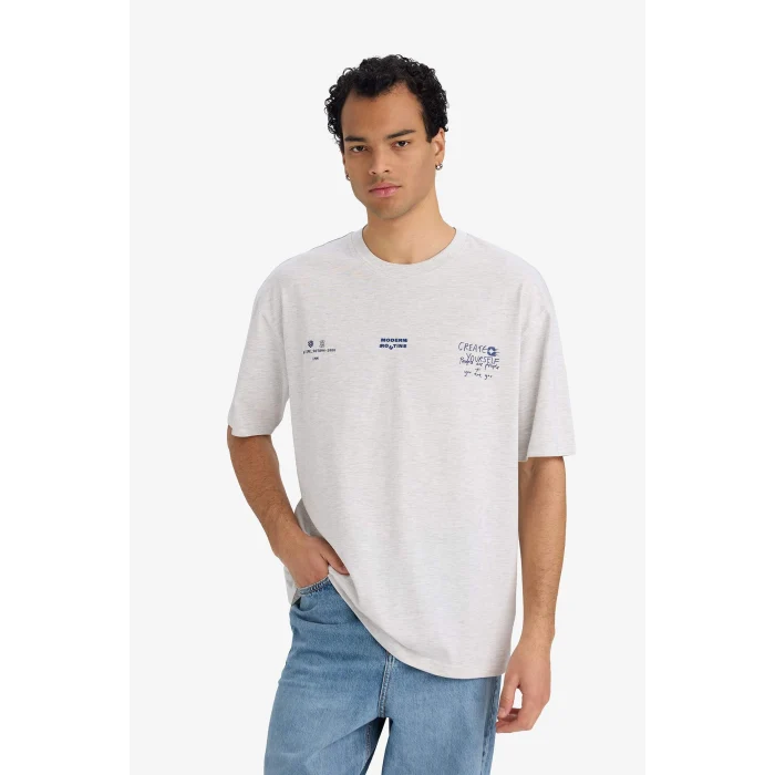 Defacto F8120AXGR389 Gri %100 Pamuk Boxy Fıt Baskılı Tişört