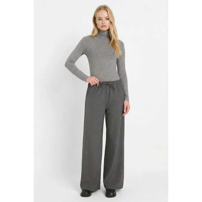 Defacto C1428AXAR191 Antrasit Wide Leg Geniş Bol Paça Beli Lastikli Bağcıklı Cepli Kumaş Palazzo Pantolon
