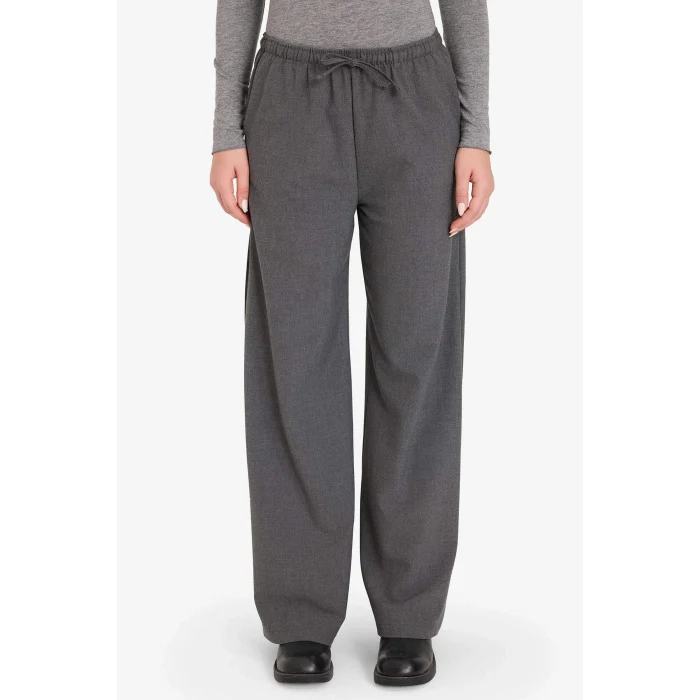 Defacto C1428AXAR191 Antrasit Wide Leg Geniş Bol Paça Beli Lastikli Bağcıklı Cepli Kumaş Palazzo Pantolon