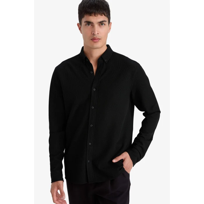 Defacto F9049AXBK81 Siyah Regular Fıt Polo Yaka Penye Uzun Kollu Gömlek