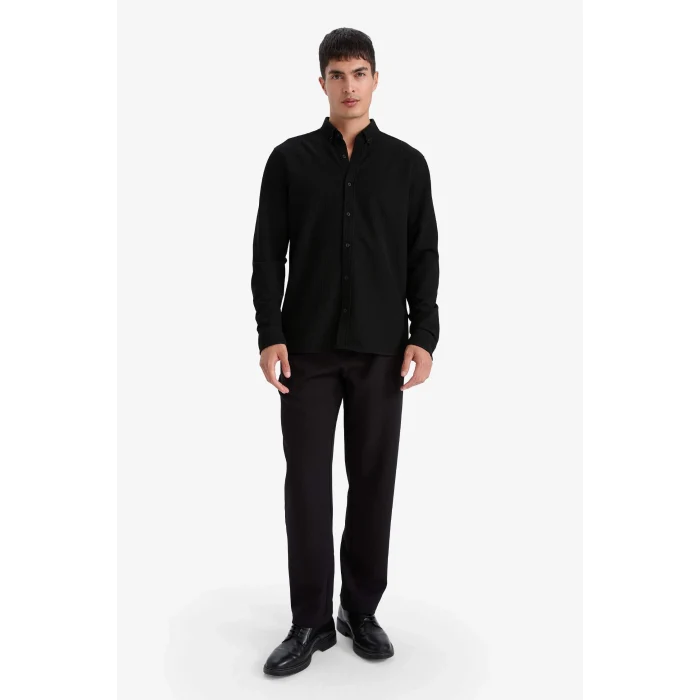 Defacto F9049AXBK81 Siyah Regular Fıt Polo Yaka Penye Uzun Kollu Gömlek