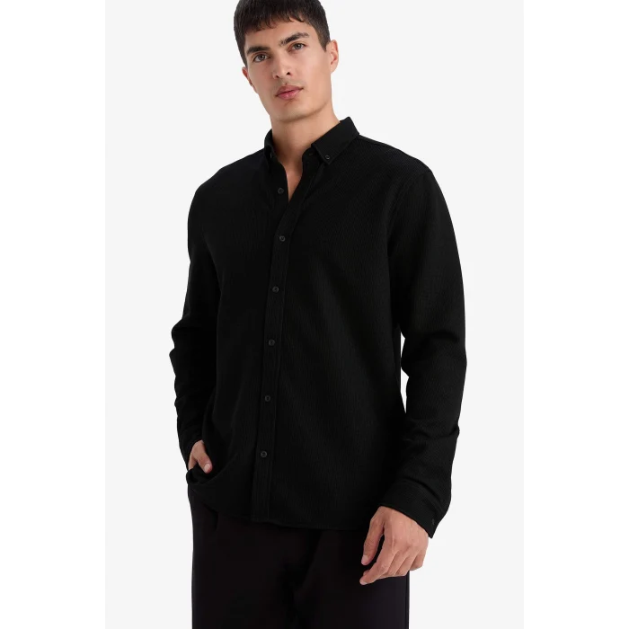Defacto F9049AXBK81 Siyah Regular Fıt Polo Yaka Penye Uzun Kollu Gömlek