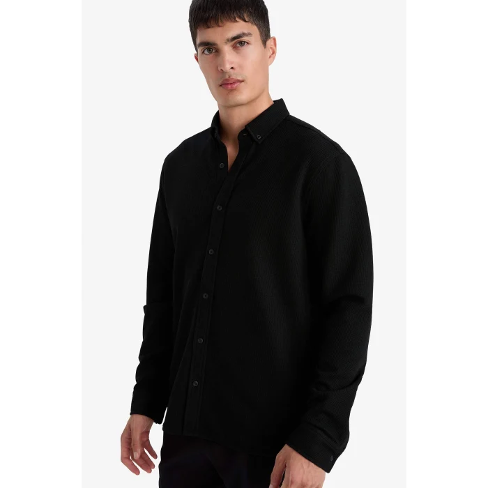 Defacto F9049AXBK81 Siyah Regular Fıt Polo Yaka Penye Uzun Kollu Gömlek