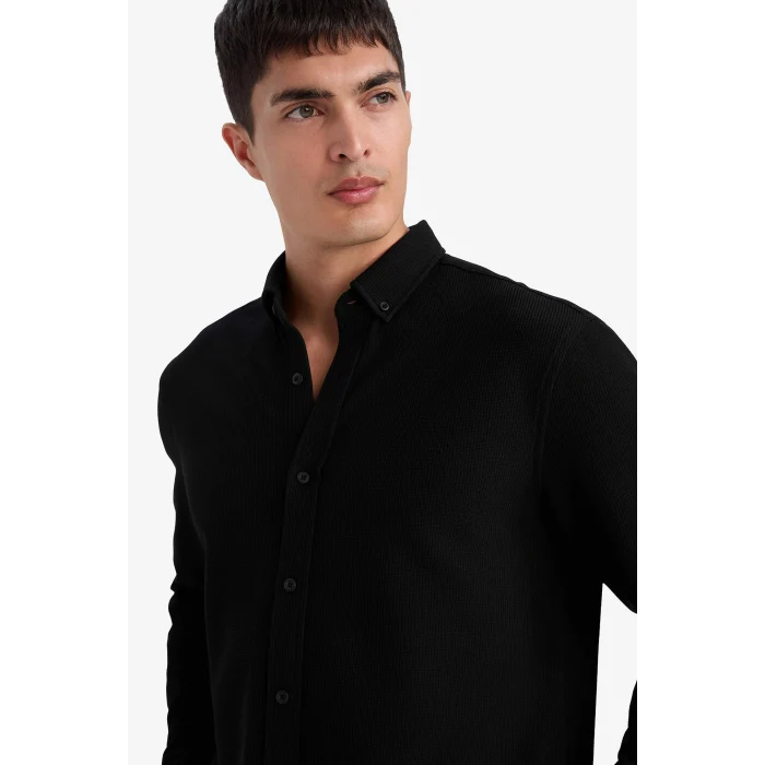 Defacto F9049AXBK81 Siyah Regular Fıt Polo Yaka Penye Uzun Kollu Gömlek