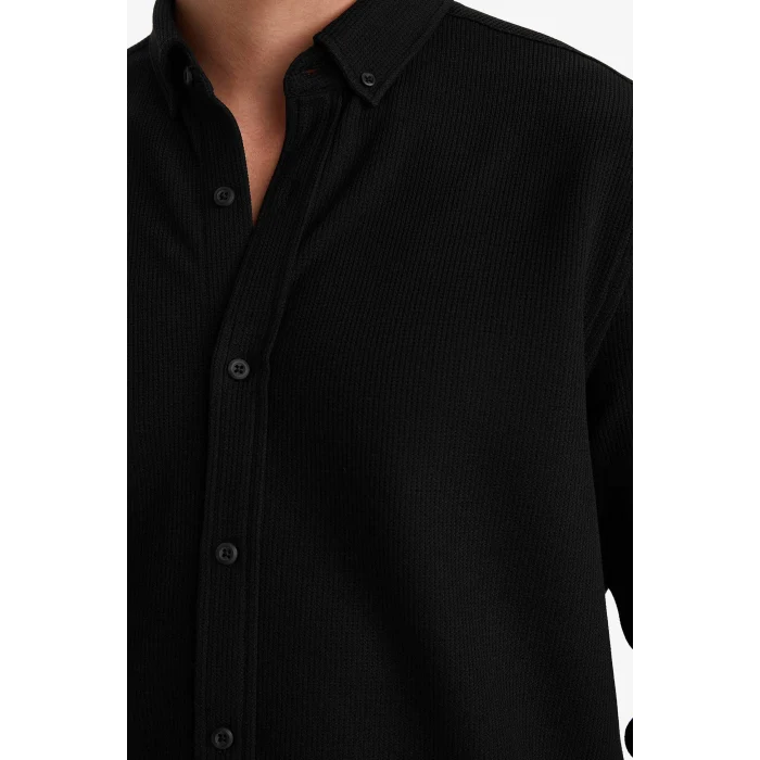 Defacto F9049AXBK81 Siyah Regular Fıt Polo Yaka Penye Uzun Kollu Gömlek