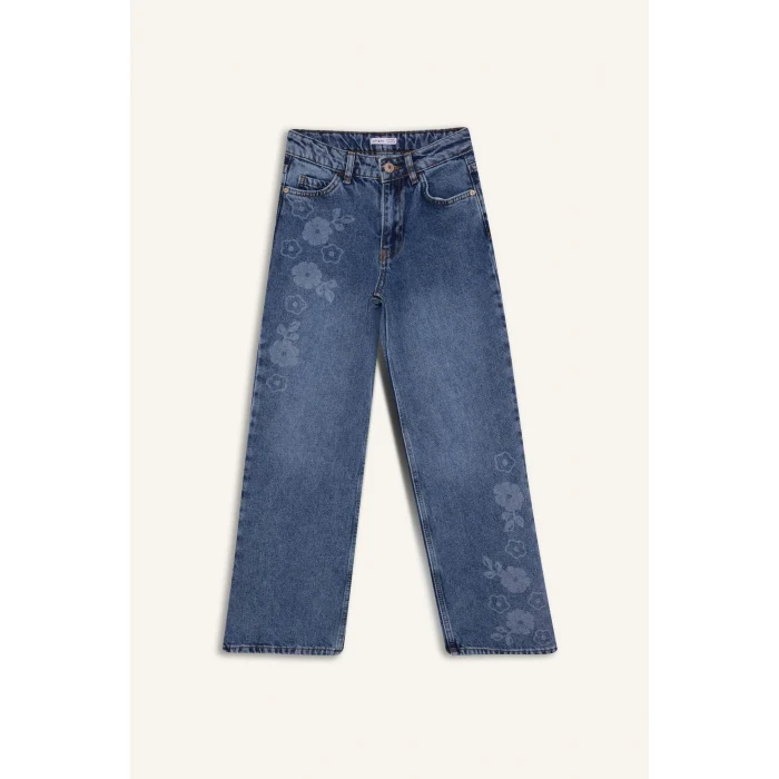 Defacto G7740A8NM34 Mavi Straıght Wıde Çiçek Baskılı Jean Pantolon Kız Çocuk