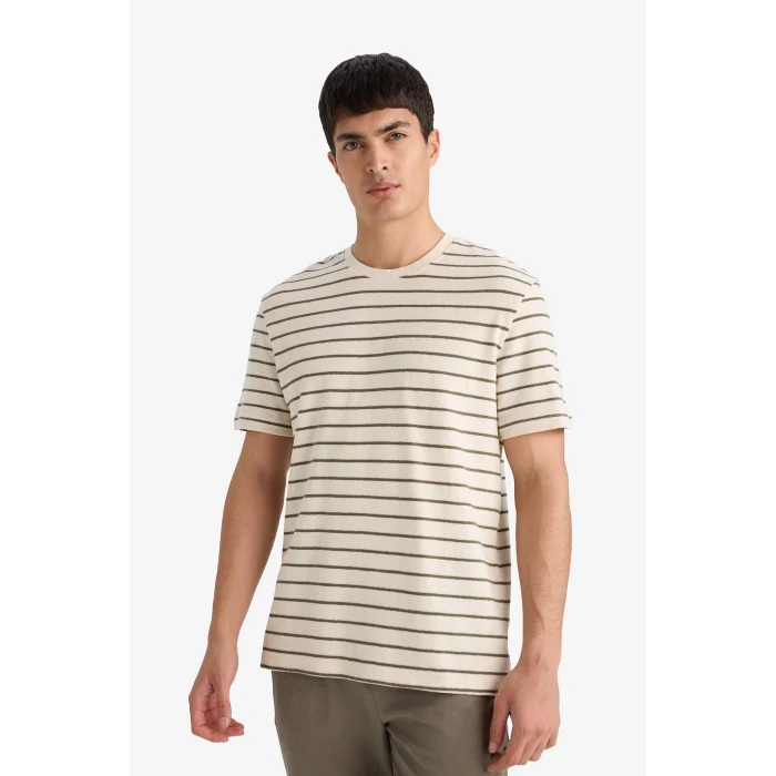 Defacto F9673AXKH82 Haki %100 Pamuk Çizgili Tişört