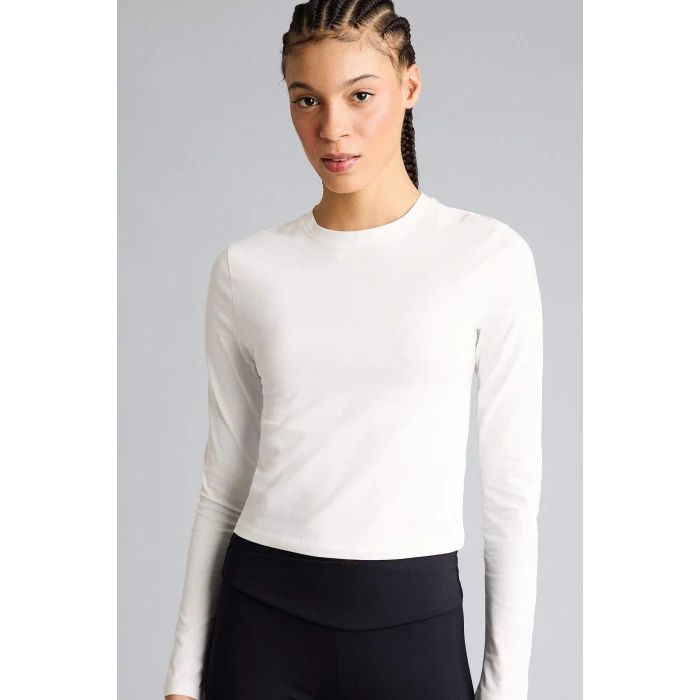 Defacto F9087AXER105 Ekru Slım Fıt Bisiklet Yaka Sporcu Uzun Kollu Tişört