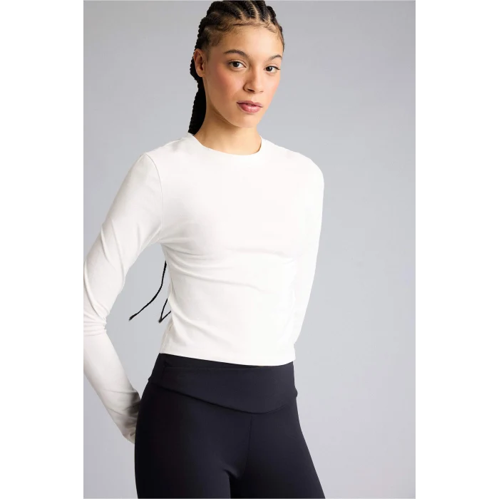 Defacto F9087AXER105 Ekru Slım Fıt Bisiklet Yaka Sporcu Uzun Kollu Tişört