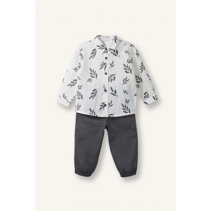 Defacto G7107A5WT34 Beyaz 2li Takım Desenli Gömlek Pantolon Erkek Bebek