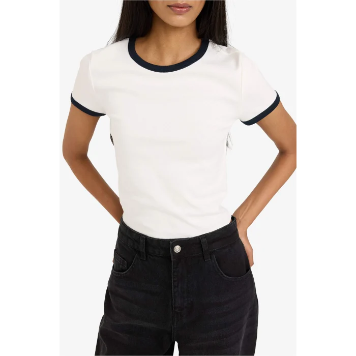 Defacto F9823AXWT32 Beyaz Fitted Ribana Tişört