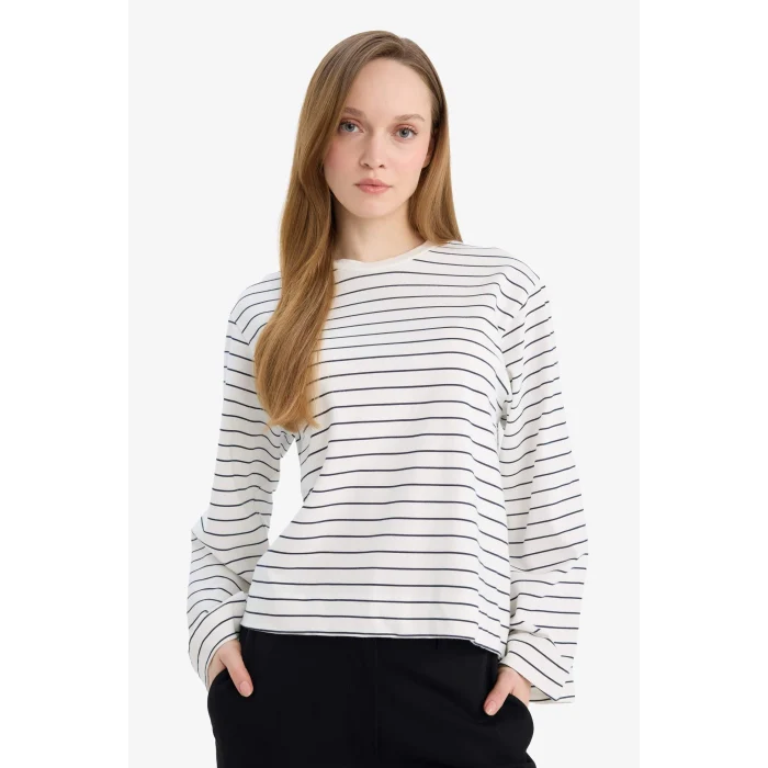 Defacto G0378AXNV243 Lacivert %100 Pamuk Regular Fit Çizgili Tunik