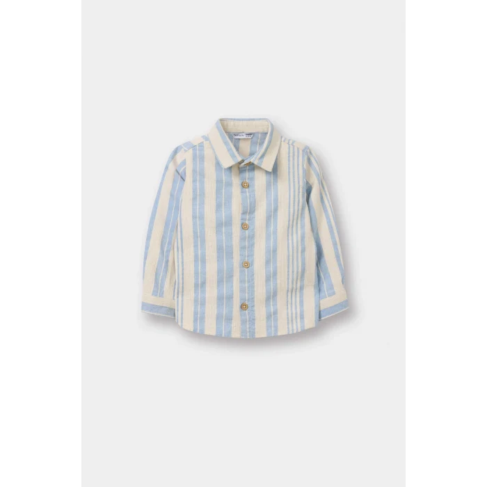 Defacto G6656A5BE343 Mavi Erkek Bebek Çizgili Keten Karışımlı Uzun Kollu Gömlek