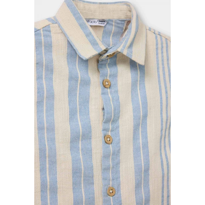 Defacto G6656A5BE343 Mavi Erkek Bebek Çizgili Keten Karışımlı Uzun Kollu Gömlek