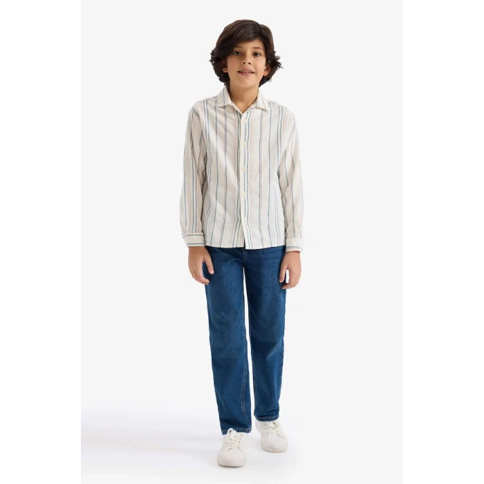Defacto G6985A8ER99 Ekru Oversize Geniş Kalıp Polo Yaka Çizgili Uzun Kollu Gömlek Erkek Çocuk