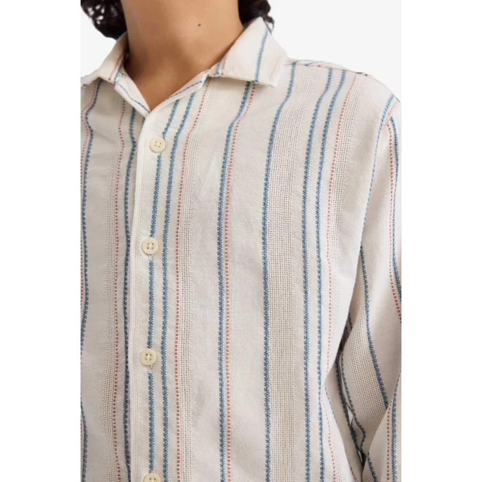 Defacto G6985A8ER99 Ekru Oversize Geniş Kalıp Polo Yaka Çizgili Uzun Kollu Gömlek Erkek Çocuk