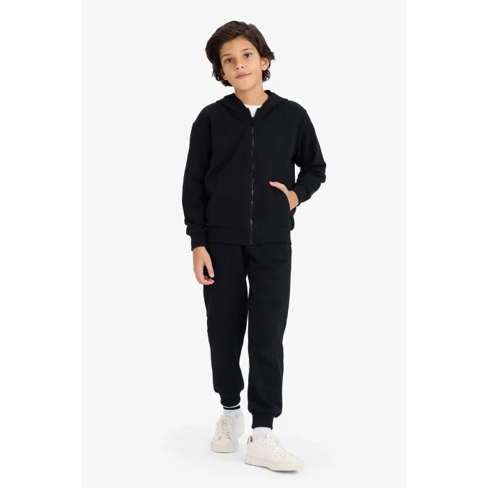 Defacto B6503A8BK81 Siyah Kapüşonlu Pike Fermuarlı Sweatshirt Erkek Çocuk