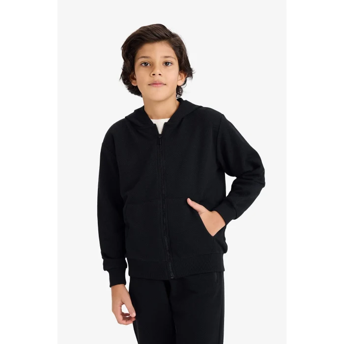 Defacto B6503A8BK81 Siyah Kapüşonlu Pike Fermuarlı Sweatshirt Erkek Çocuk