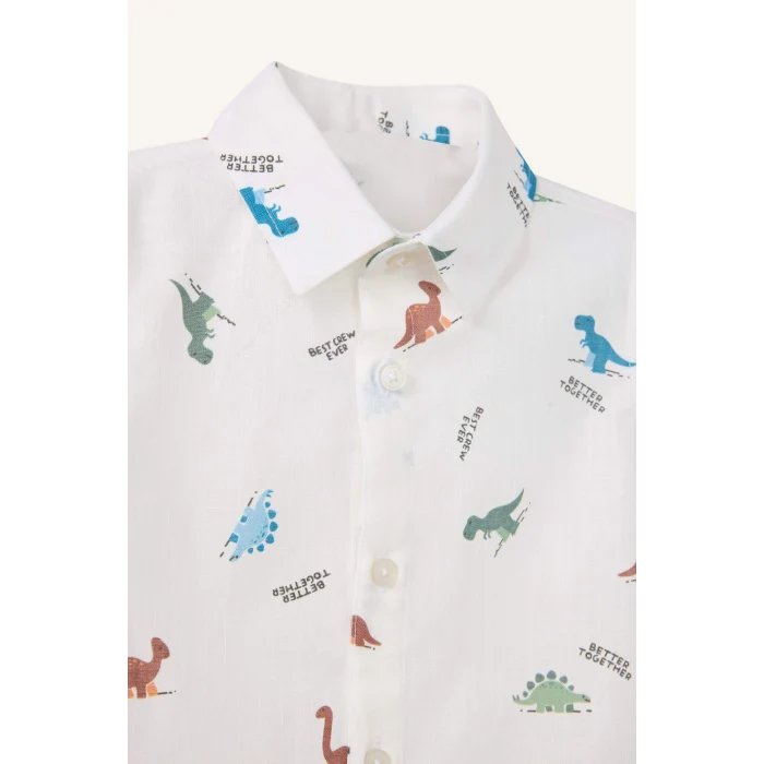 Defacto G8571A5ER118 Ekru Gömlek Yaka Dinozor Baskılı Keten Görünümlü Uzun Kollu Gömlek Erkek Bebek