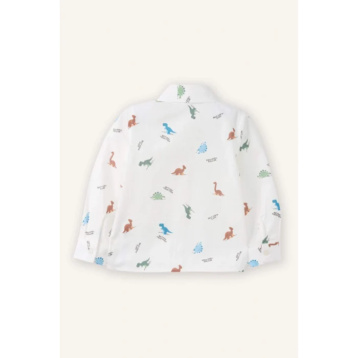 Defacto G8571A5ER118 Ekru Gömlek Yaka Dinozor Baskılı Keten Görünümlü Uzun Kollu Gömlek Erkek Bebek